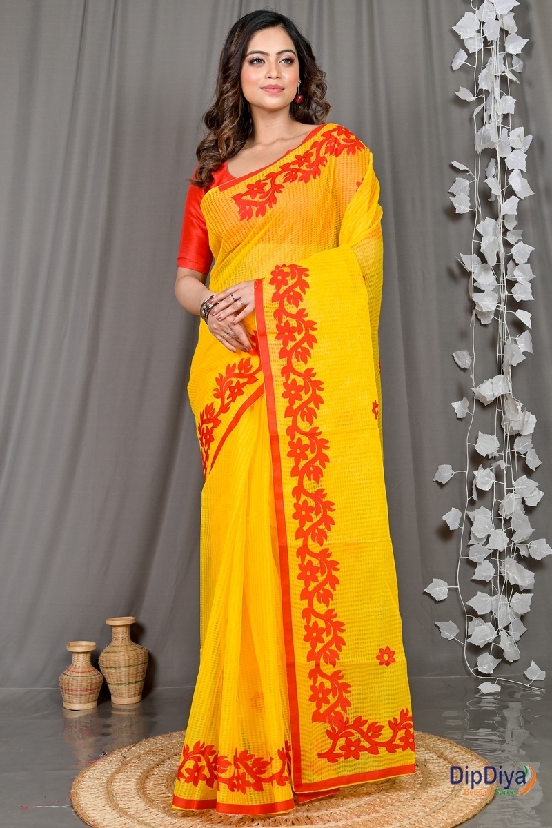 Yellow Red Kota Cotton Parvani Applique Saree (569)