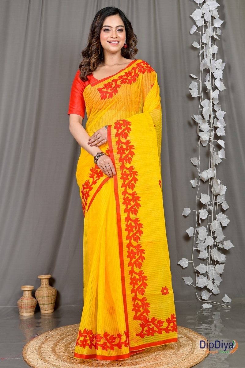 Yellow Red Kota Cotton Parvani Applique Saree (569)