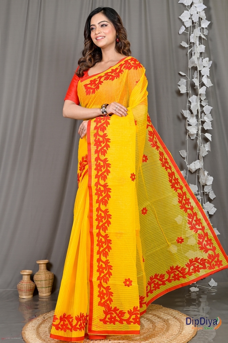 Yellow Red Kota Cotton Parvani Applique Saree (569)