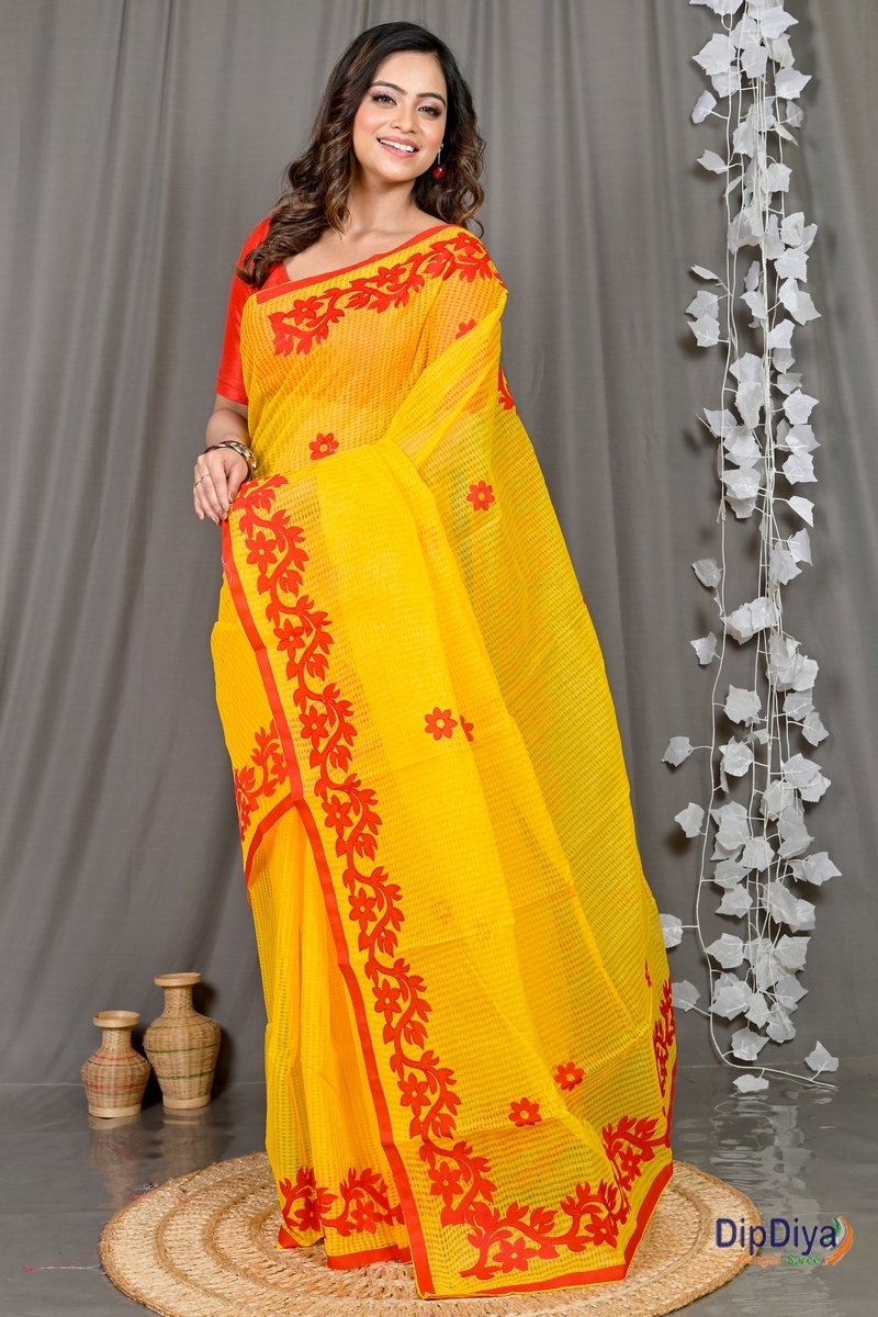 Yellow Red Kota Cotton Parvani Applique Saree (569)