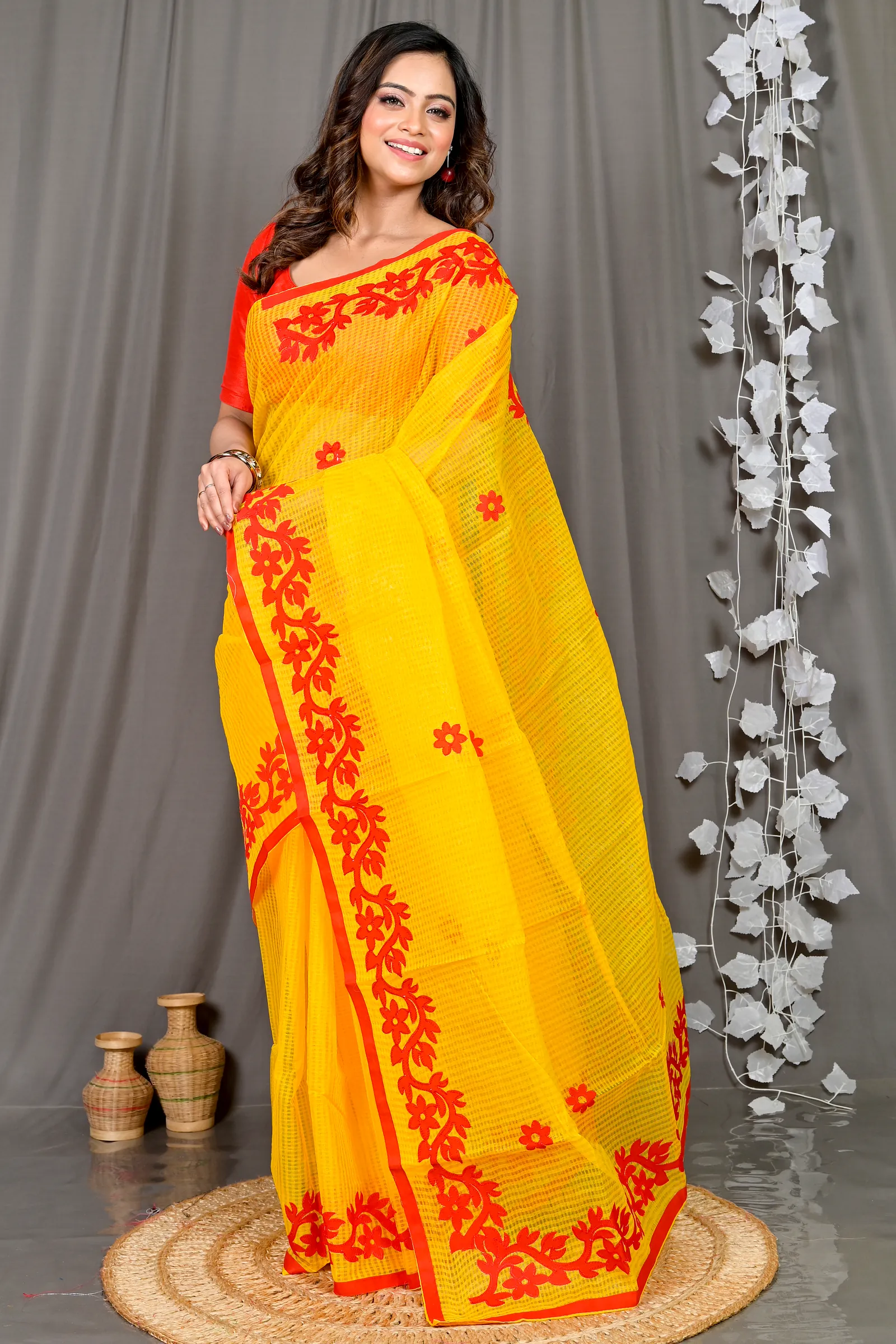 Yellow Red Kota Cotton Parvani Applique Saree (569)