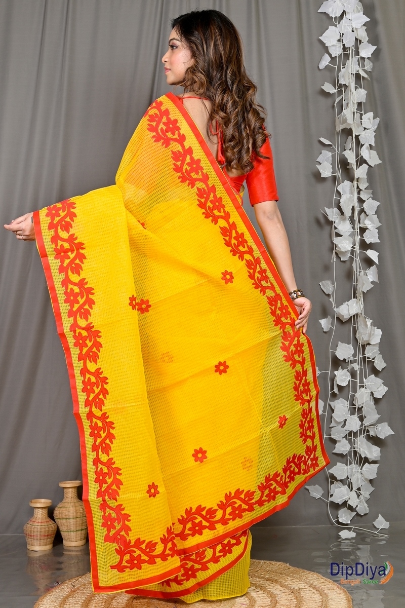 Yellow Red Kota Cotton Parvani Applique Saree (569)