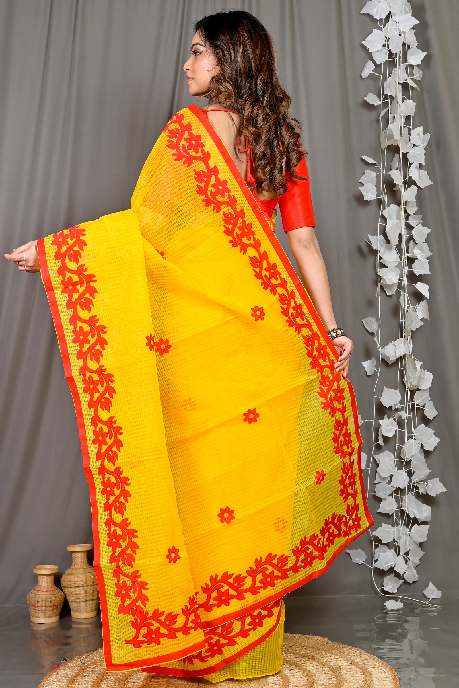 Yellow Red Kota Cotton Parvani Applique Saree (569)