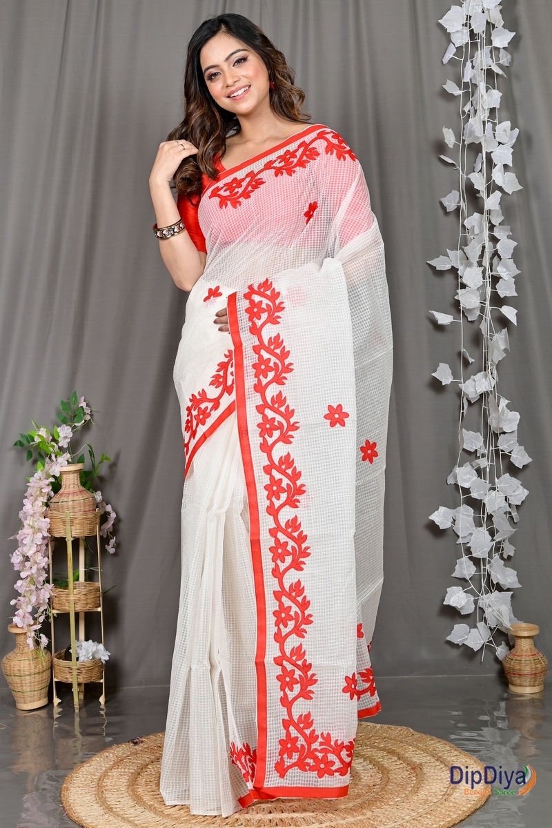 White Red Kota Cotton Parvani Applique Saree (570)