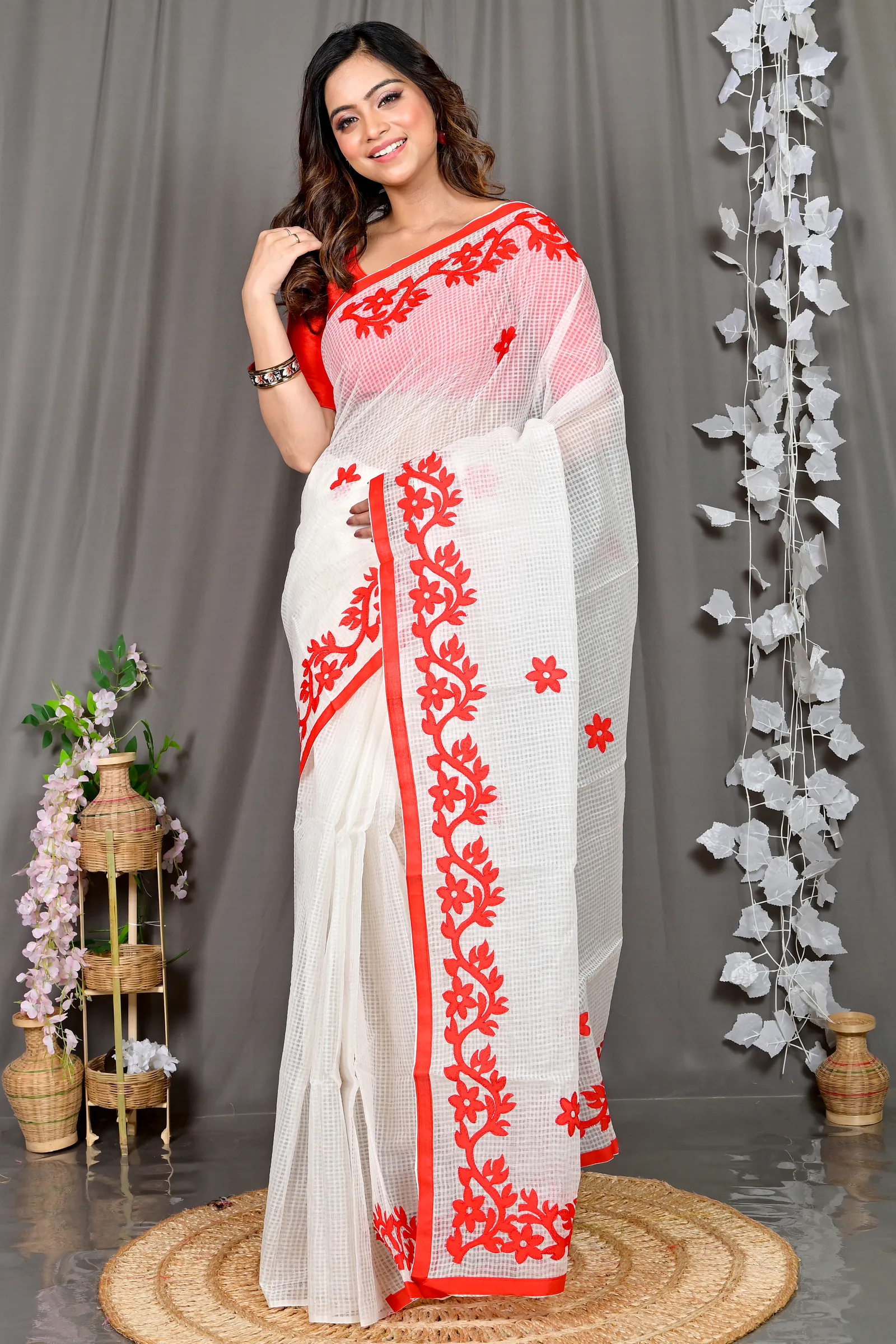 White Red Kota Cotton Parvani Applique Saree (570)
