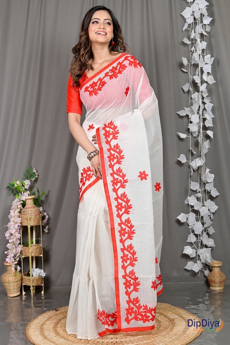 White Red Kota Cotton Parvani Applique Saree (570)