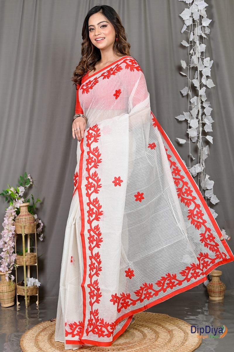 White Red Kota Cotton Parvani Applique Saree (570)
