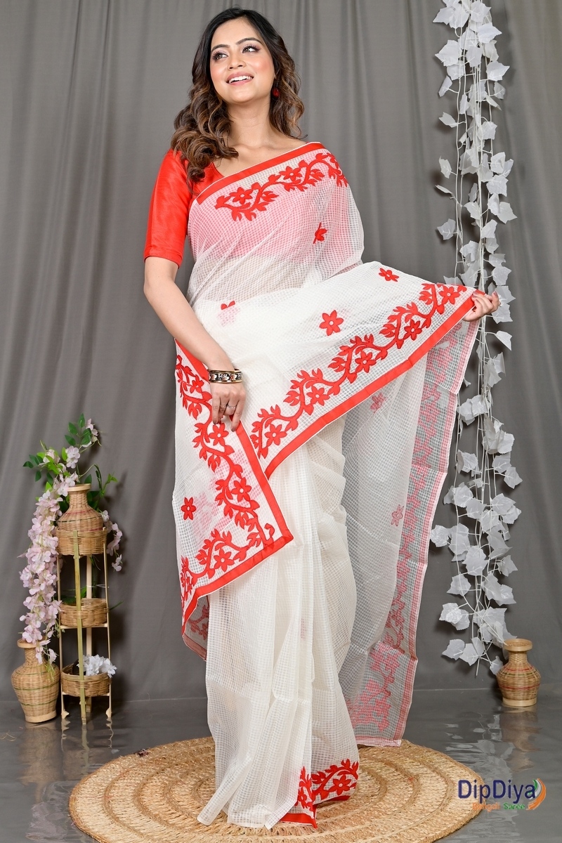 White Red Kota Cotton Parvani Applique Saree (570)
