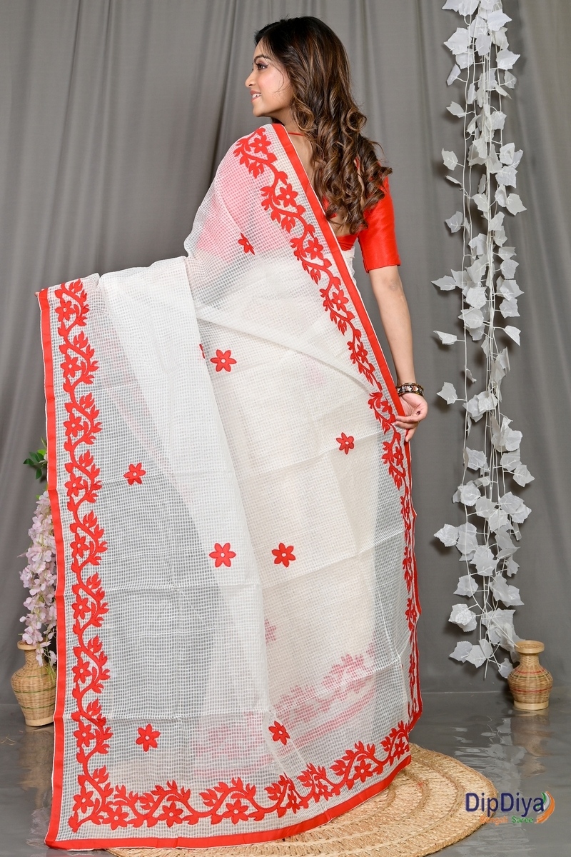 White Red Kota Cotton Parvani Applique Saree (570)