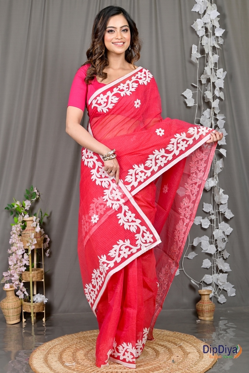 Red Kota Cotton Parvani Applique Saree (571)