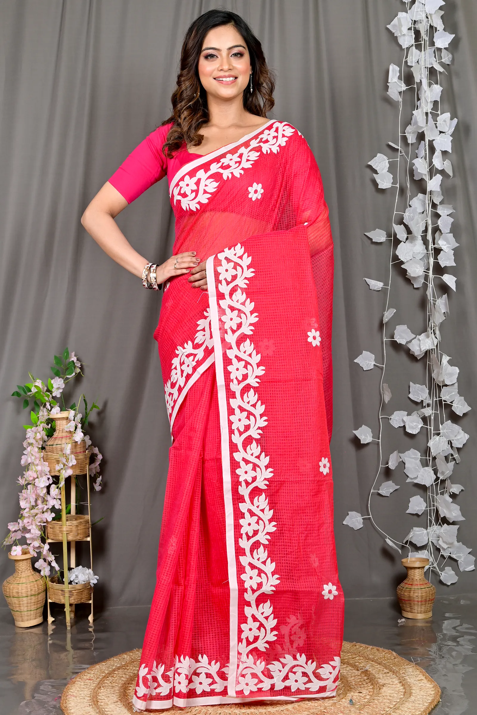 Red Kota Cotton Parvani Applique Saree (571)