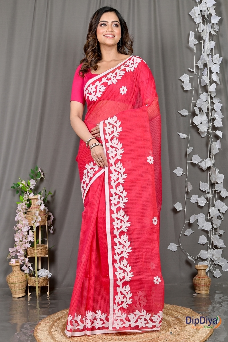 Red Kota Cotton Parvani Applique Saree (571)
