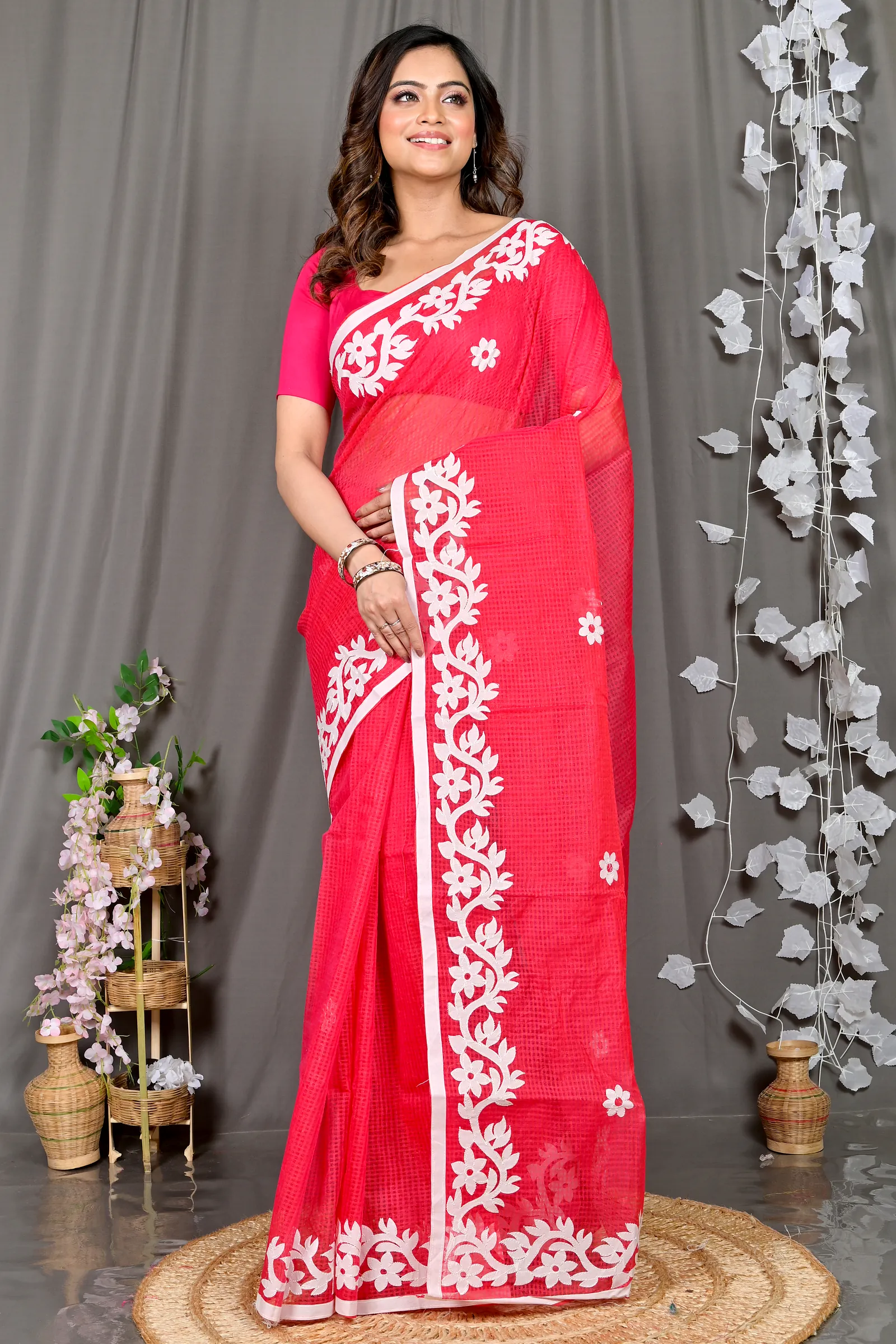 Red Kota Cotton Parvani Applique Saree (571)
