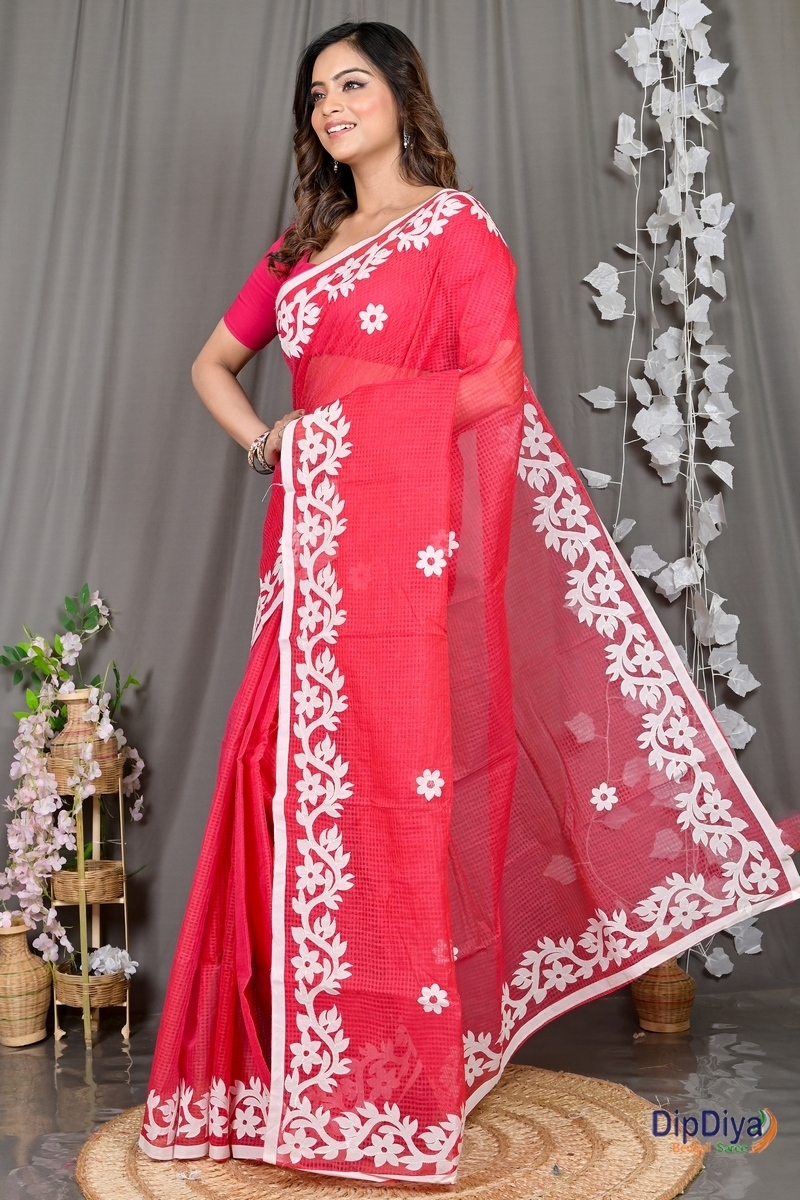 Red Kota Cotton Parvani Applique Saree (571)