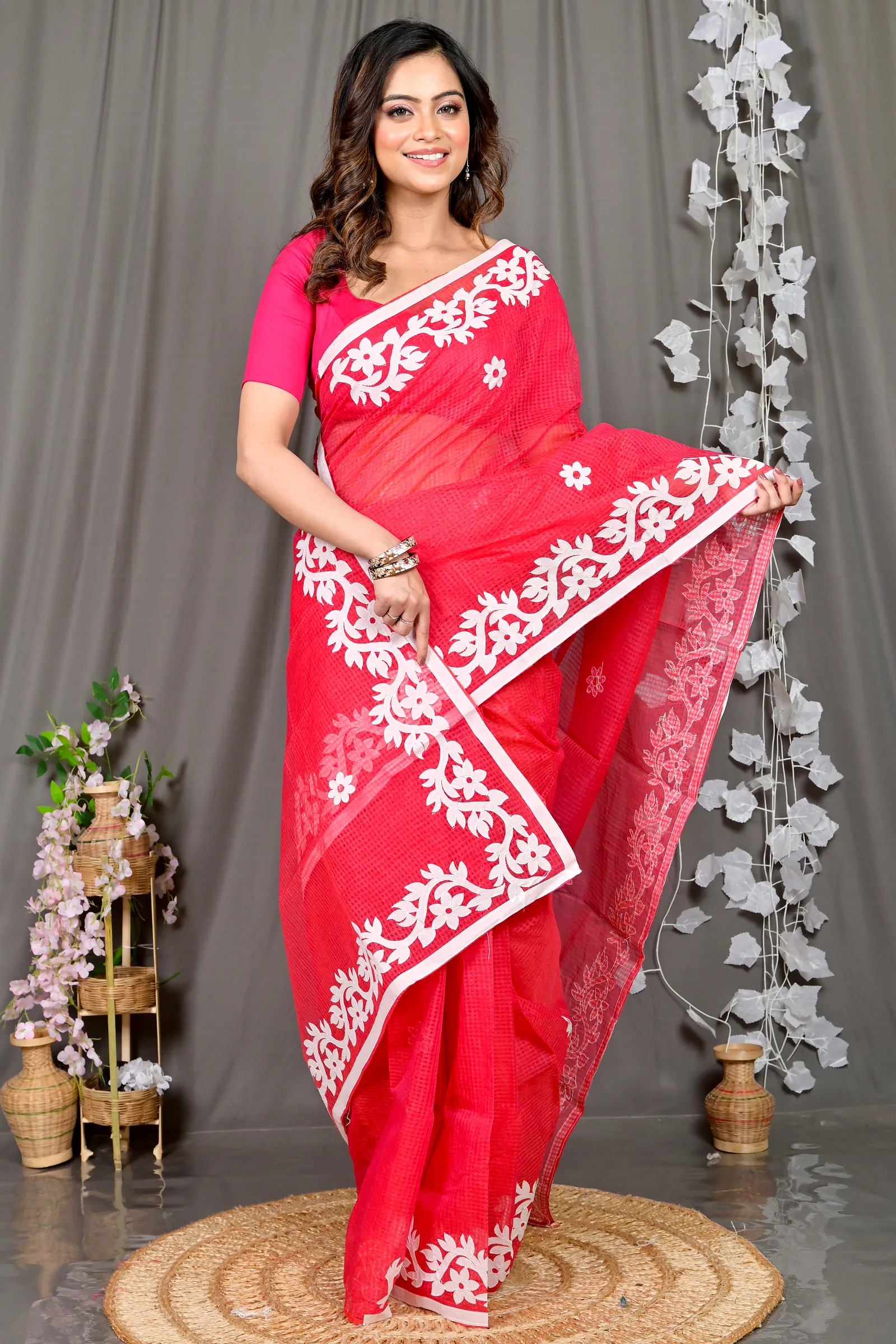 Red Kota Cotton Parvani Applique Saree (571)