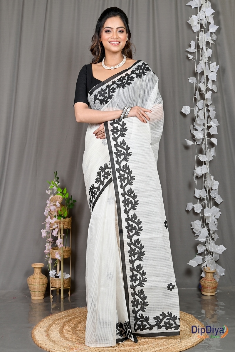 White Kota Cotton Parvani Applique Saree (572)
