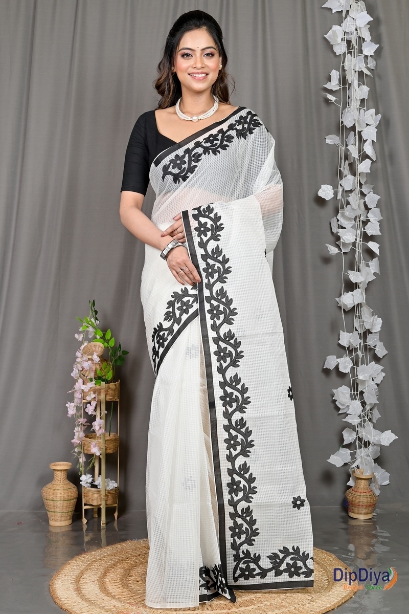 White Kota Cotton Parvani Applique Saree (572)