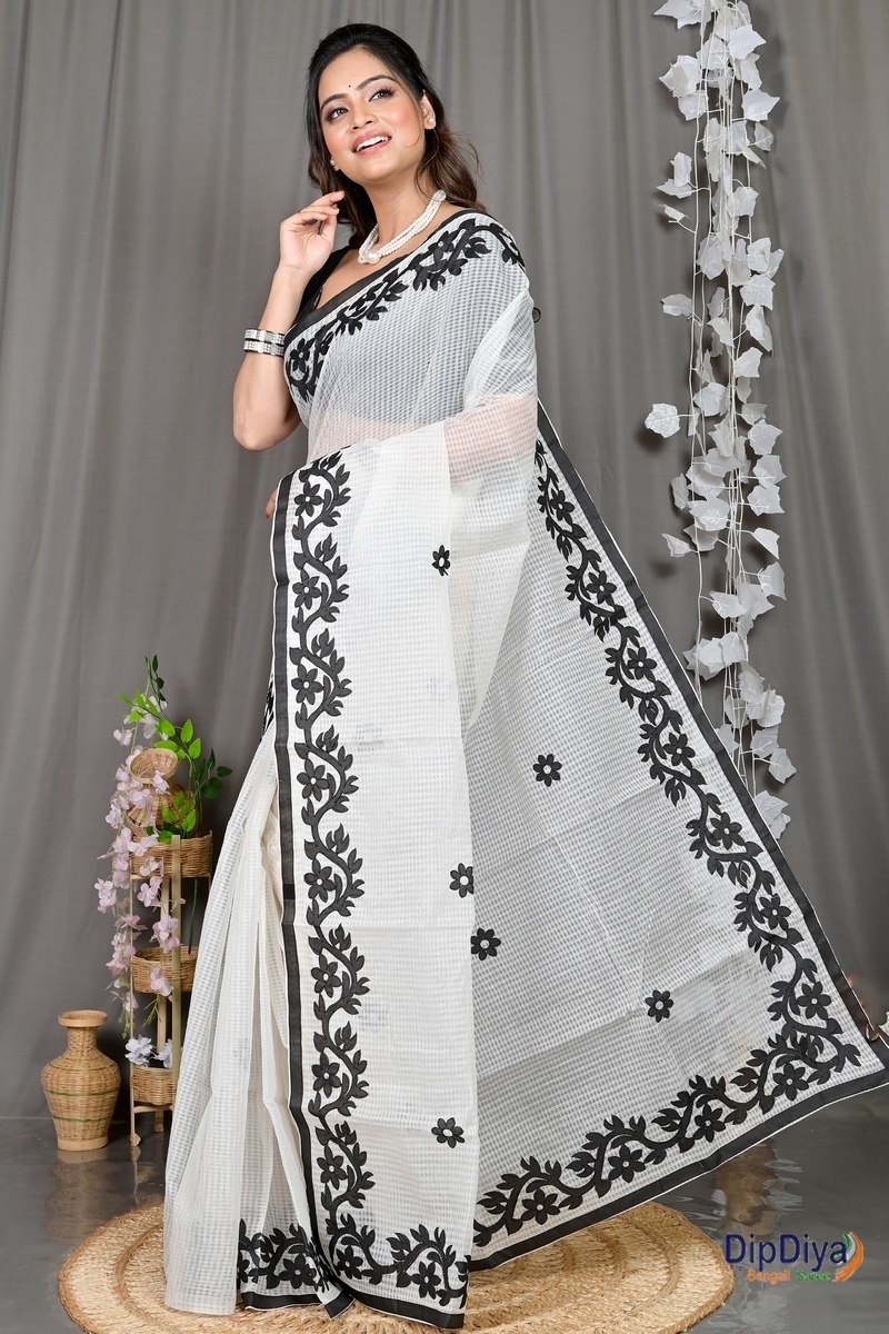 White Kota Cotton Parvani Applique Saree (572)