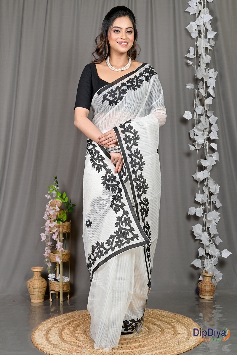 White Kota Cotton Parvani Applique Saree (572)