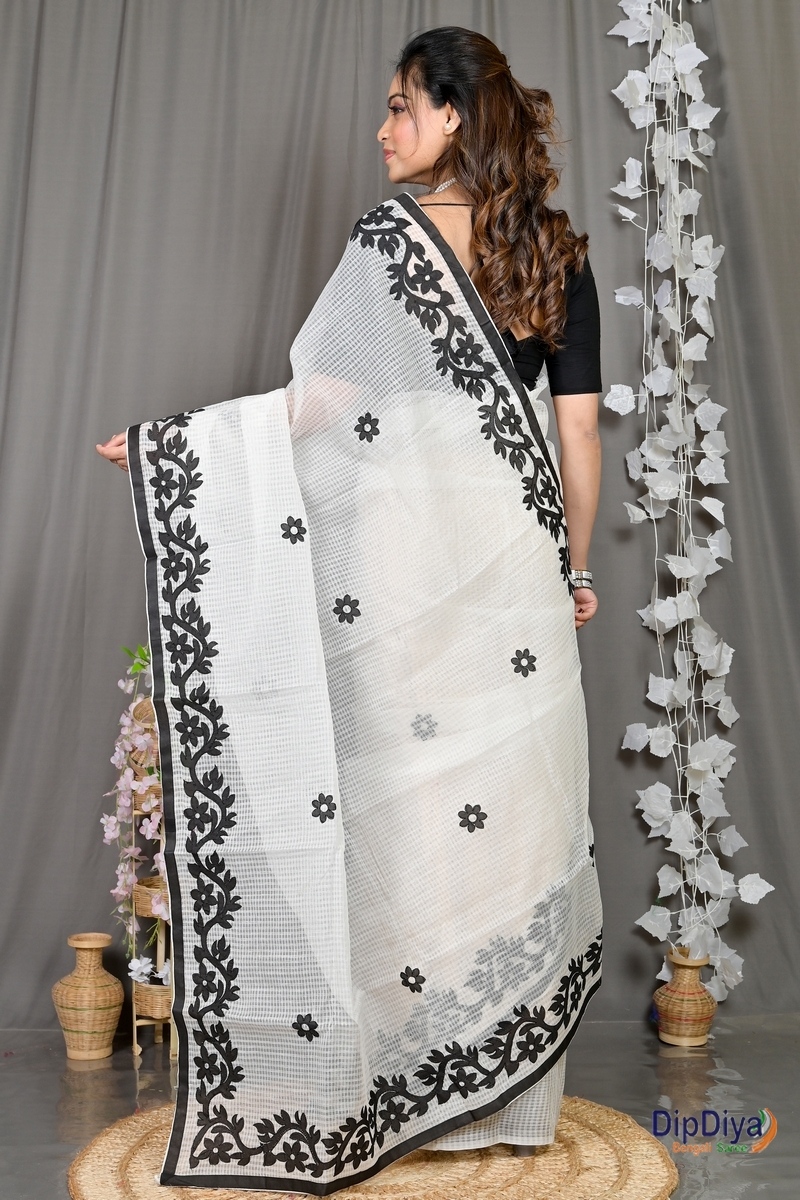 White Kota Cotton Parvani Applique Saree (572)