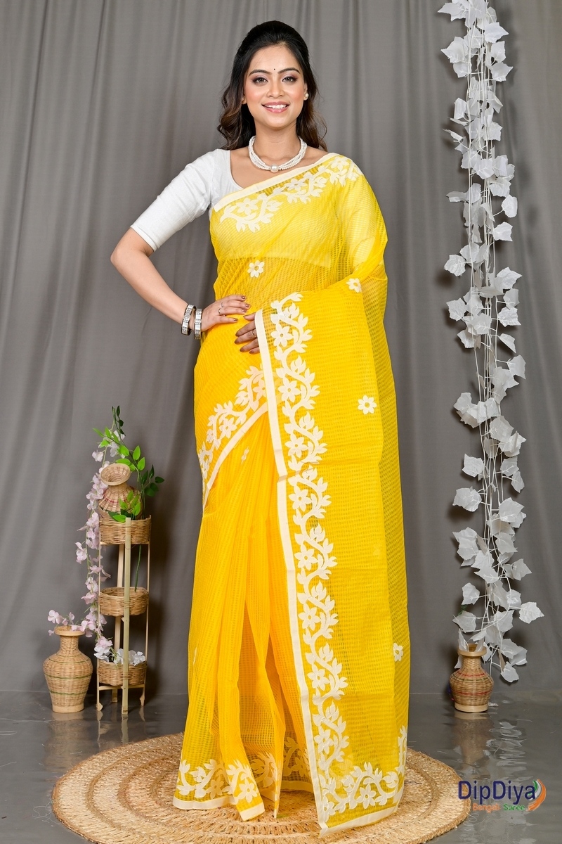 Yellow Kota Cotton Parvani Applique Saree (573)