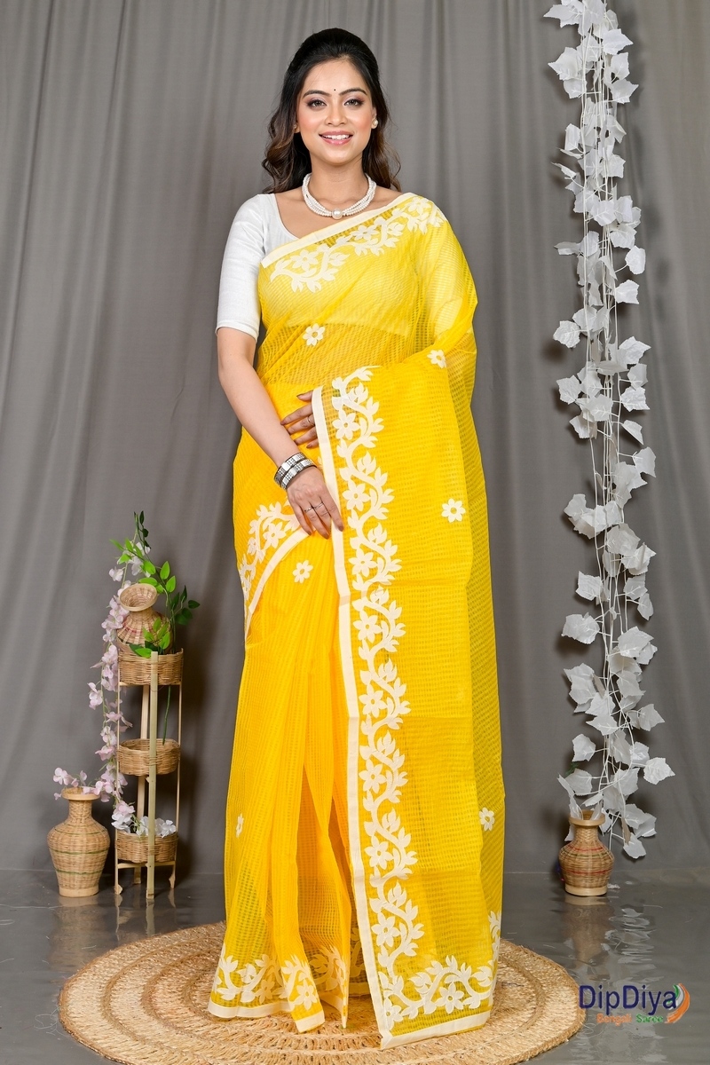 Yellow Kota Cotton Parvani Applique Saree (573)