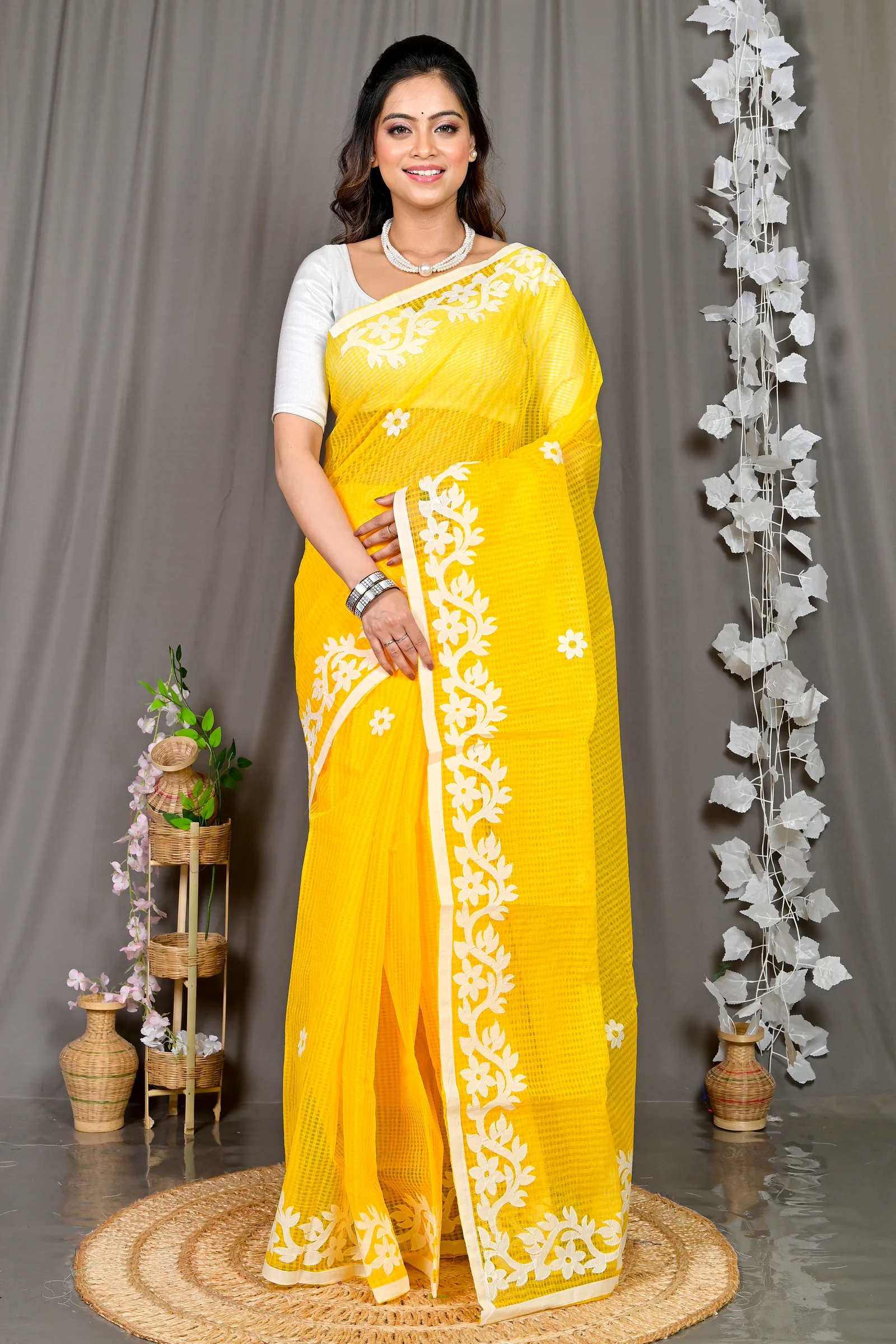 Yellow Kota Cotton Parvani Applique Saree (573)