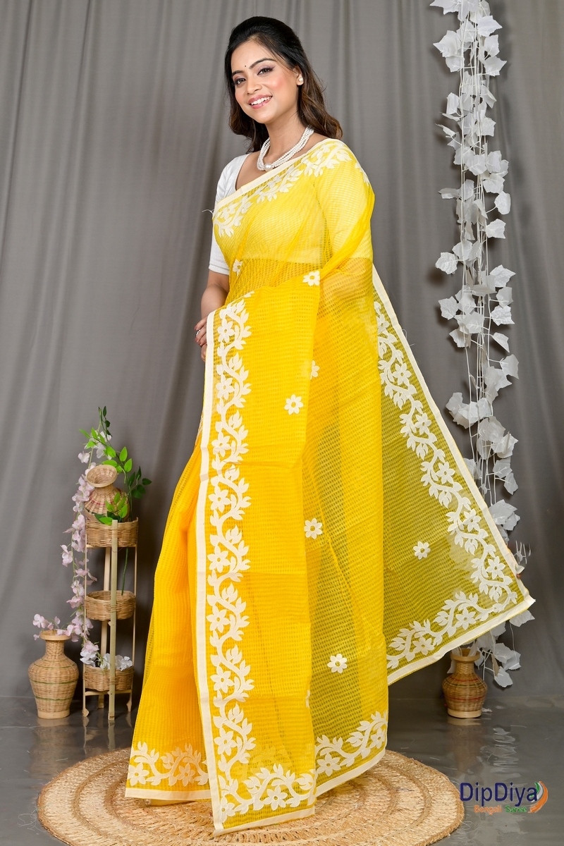 Yellow Kota Cotton Parvani Applique Saree (573)