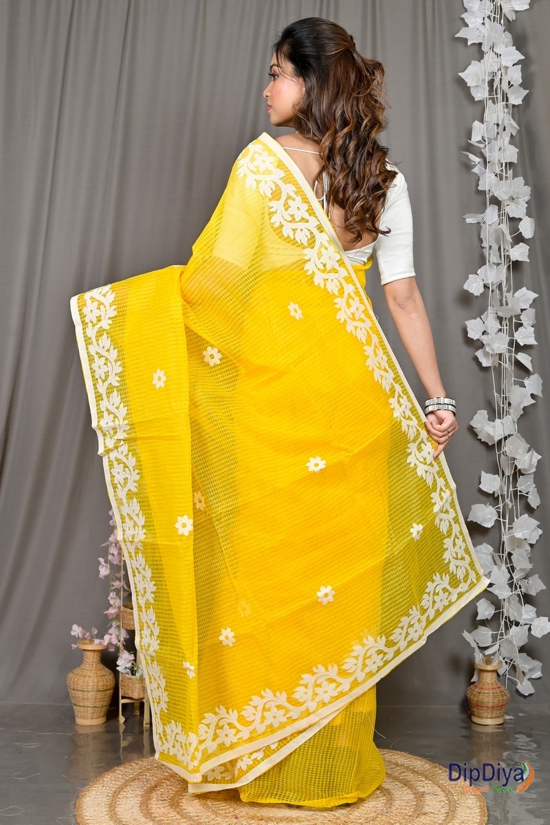Yellow Kota Cotton Parvani Applique Saree (573)