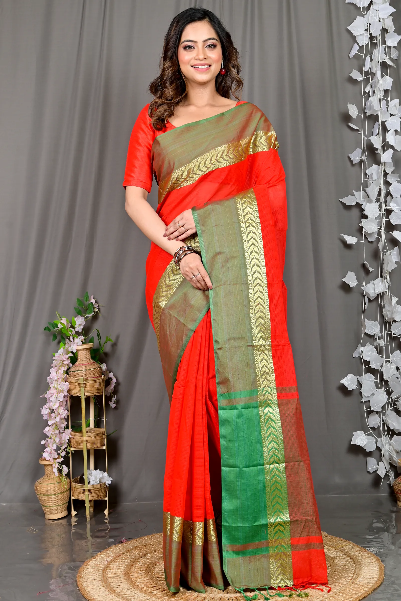 Red Pure Cotton Parvin Tant Saree (575)