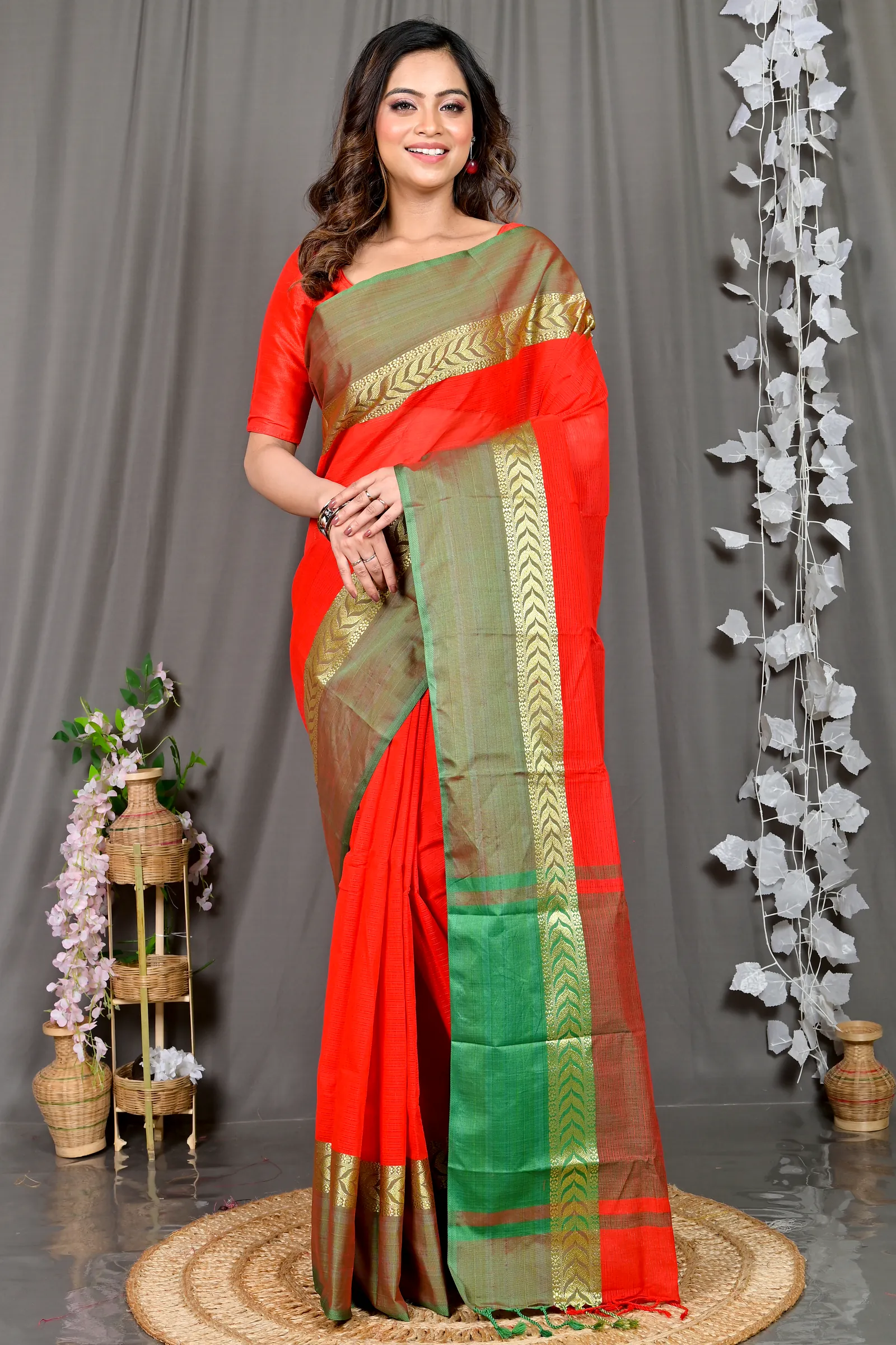 Red Pure Cotton Parvin Tant Saree (575)