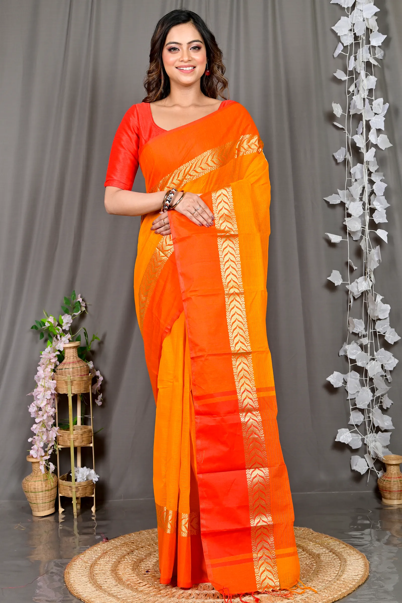 Orange Red Pure Cotton Parvin Tant Saree (576)