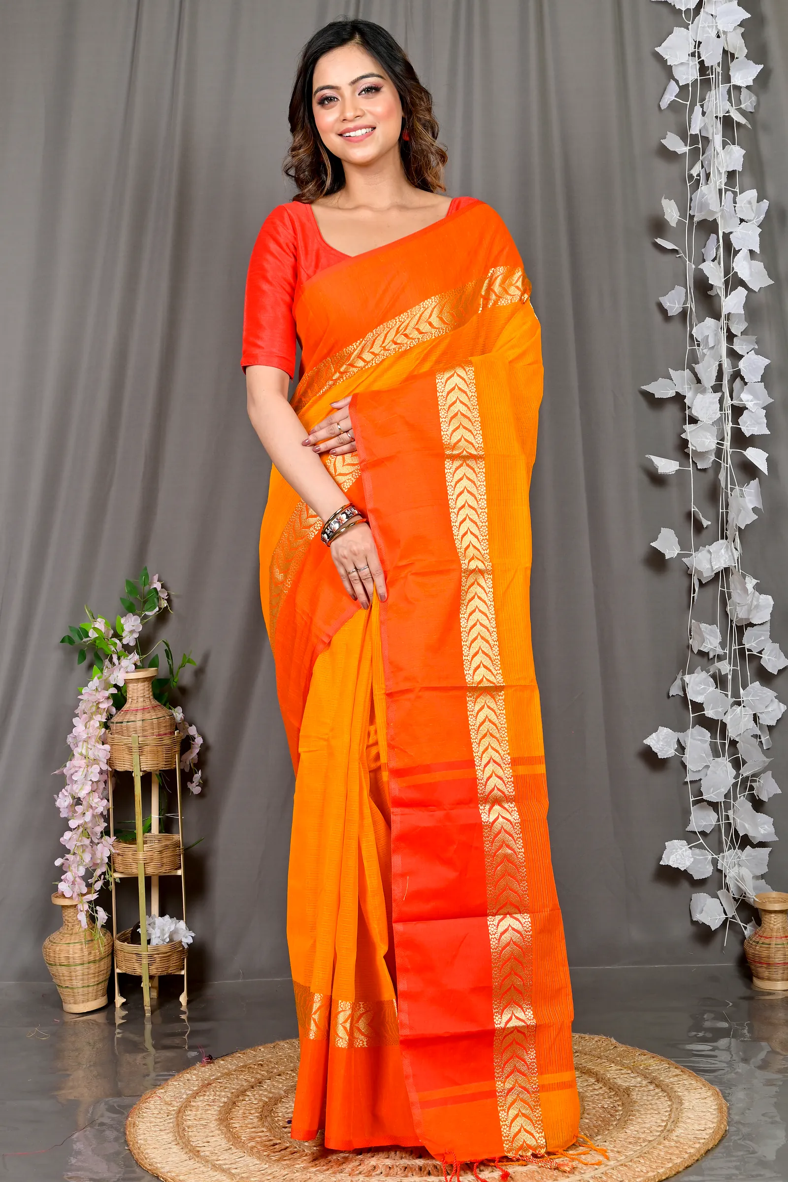 Orange Red Pure Cotton Parvin Tant Saree (576)