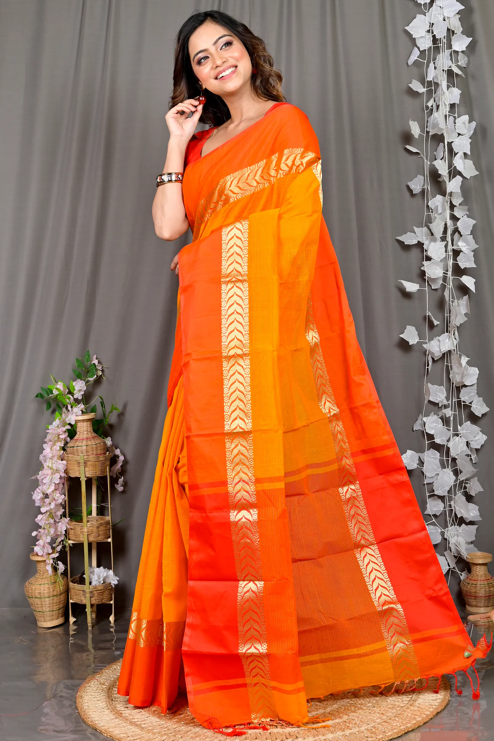 Orange Red Pure Cotton Parvin Tant Saree (576)