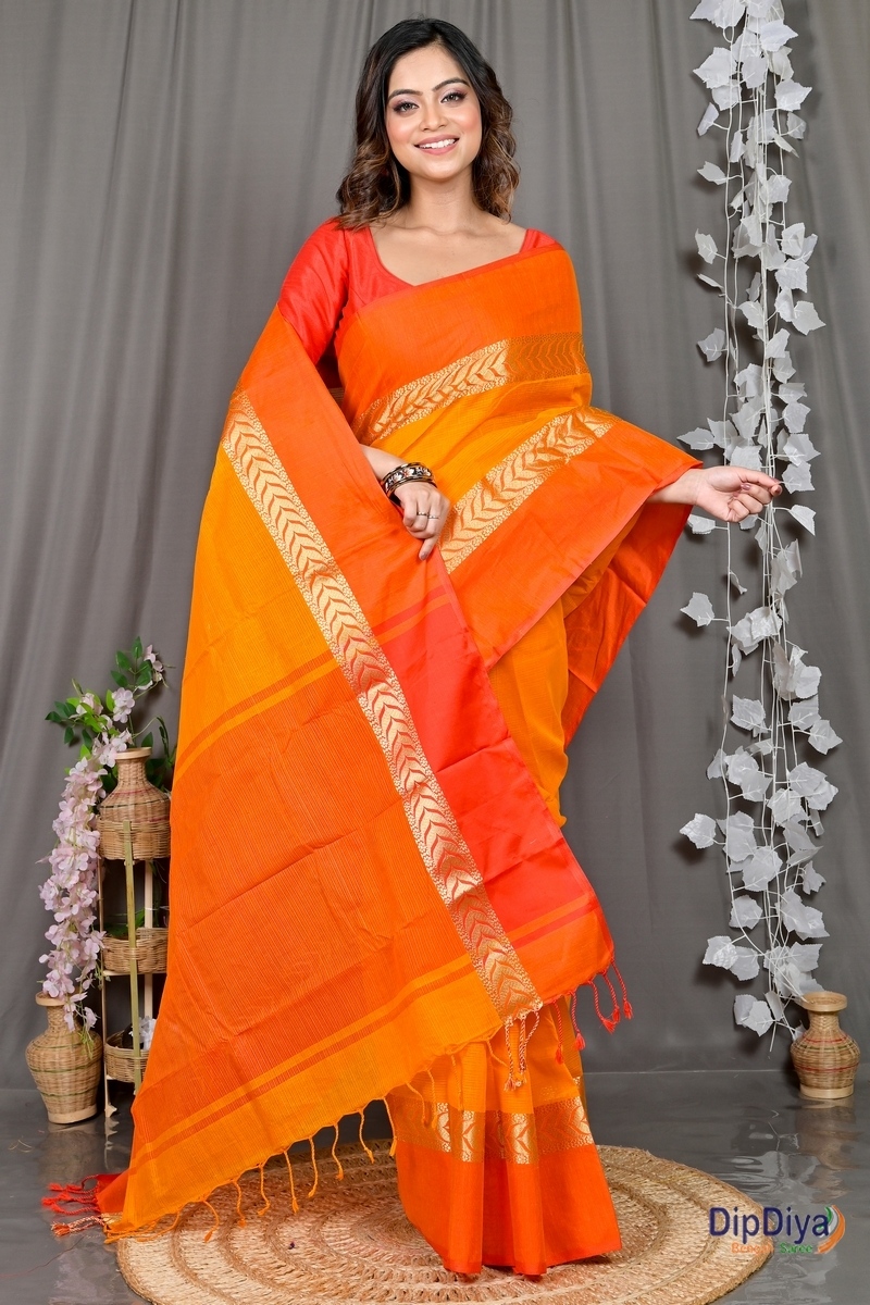 Orange Red Pure Cotton Parvin Tant Saree (576)