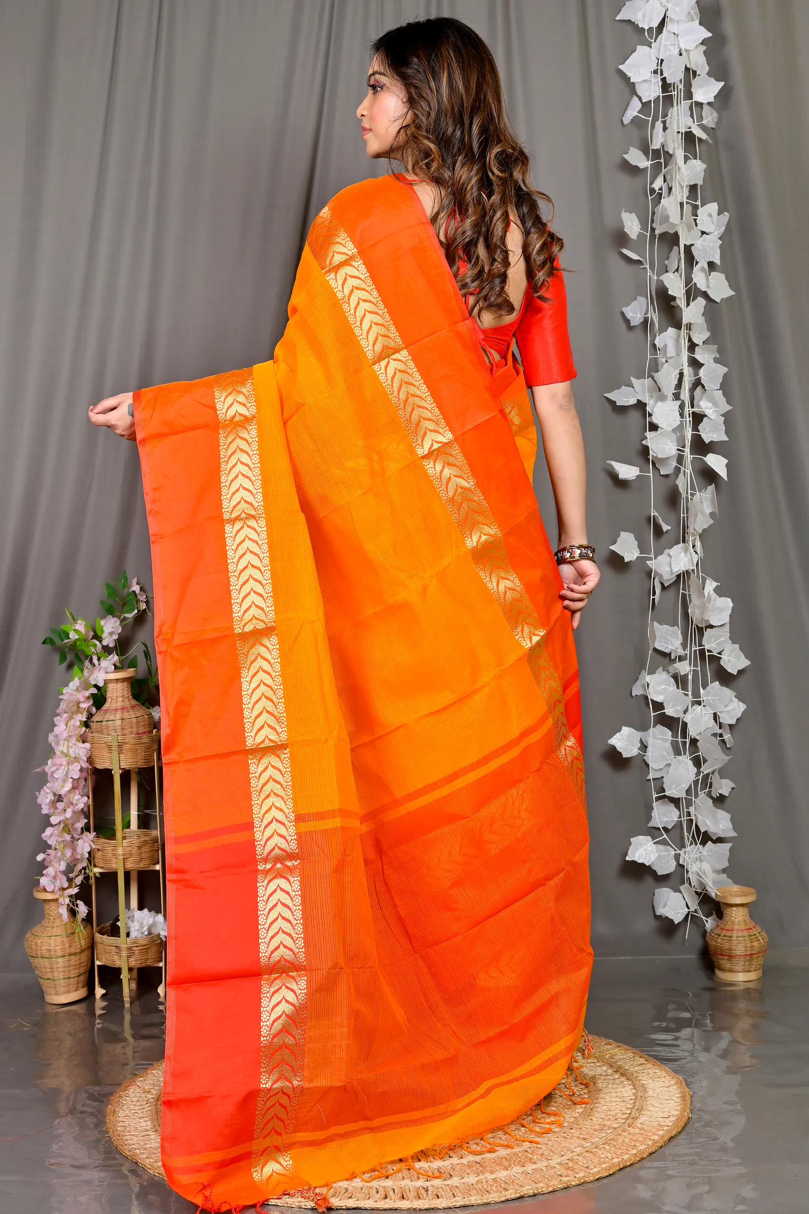 Orange Red Pure Cotton Parvin Tant Saree (576)