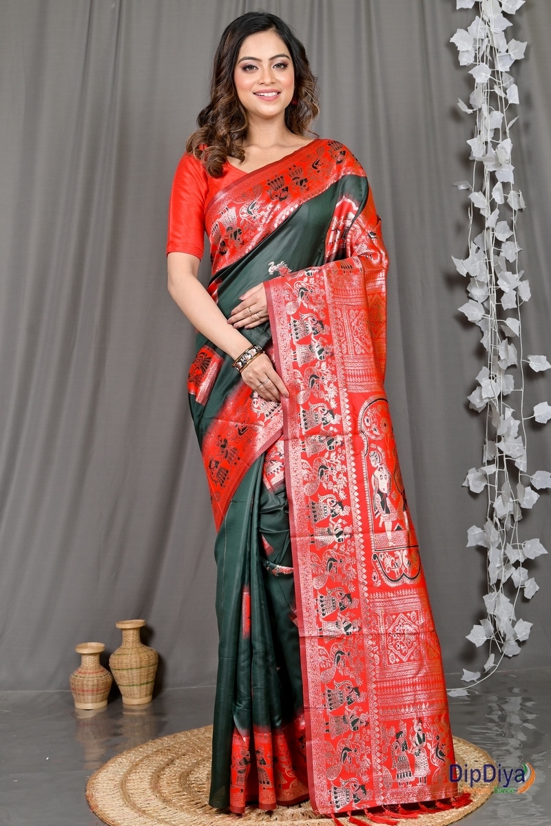 Green Red Cotton Silk Parza Baluchari Saree (581)
