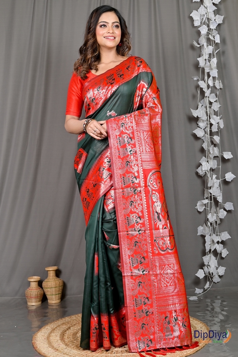 Green Red Cotton Silk Parza Baluchari Saree (581)