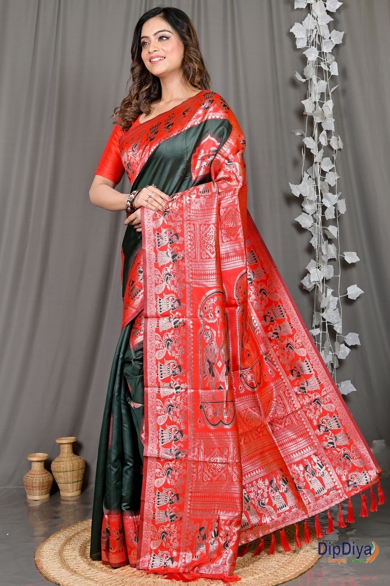 Green Red Cotton Silk Parza Baluchari Saree (581)
