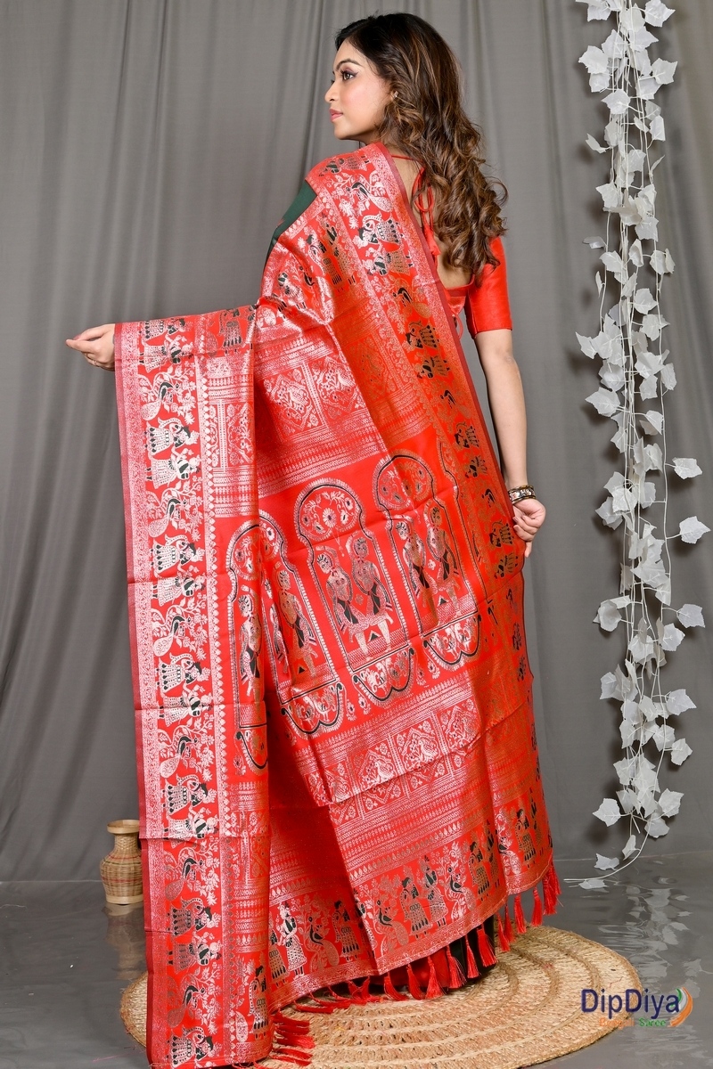 Green Red Cotton Silk Parza Baluchari Saree (581)