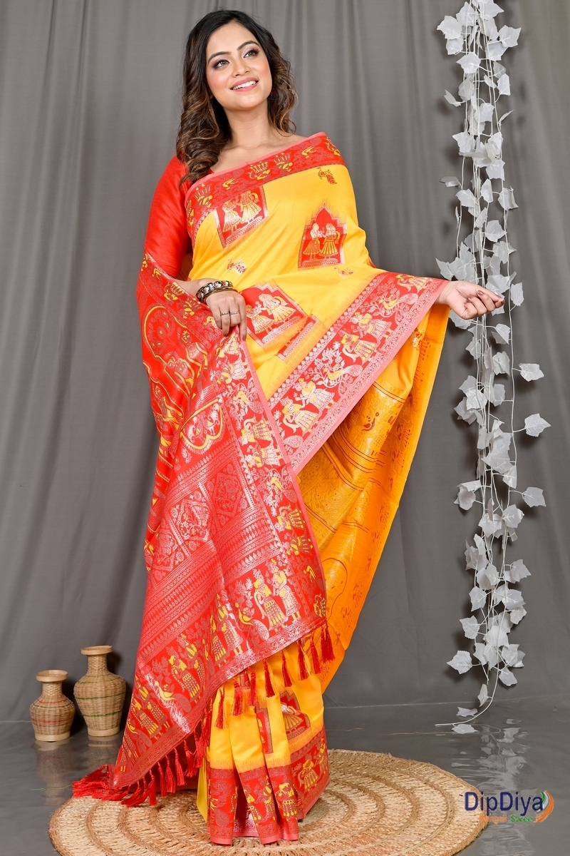 Yellow Red Cotton Silk Parza Baluchari Saree (582)
