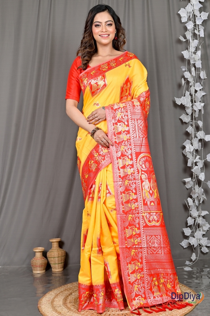 Yellow Red Cotton Silk Parza Baluchari Saree (582)