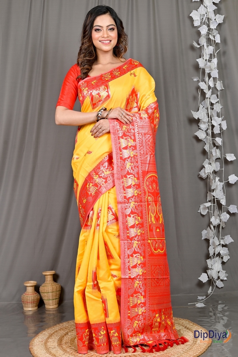 Yellow Red Cotton Silk Parza Baluchari Saree (582)