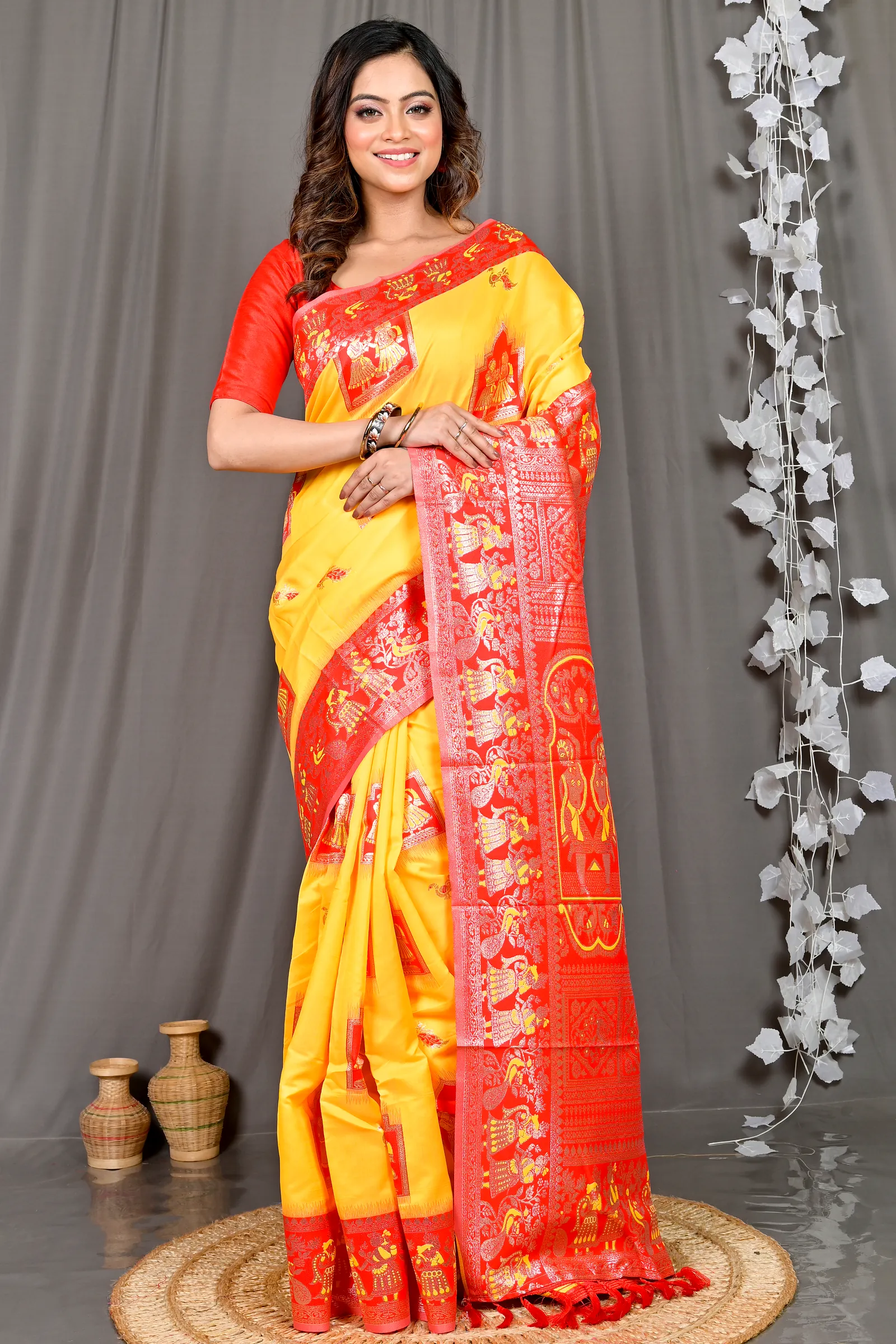 Yellow Red Cotton Silk Parza Baluchari Saree (582)
