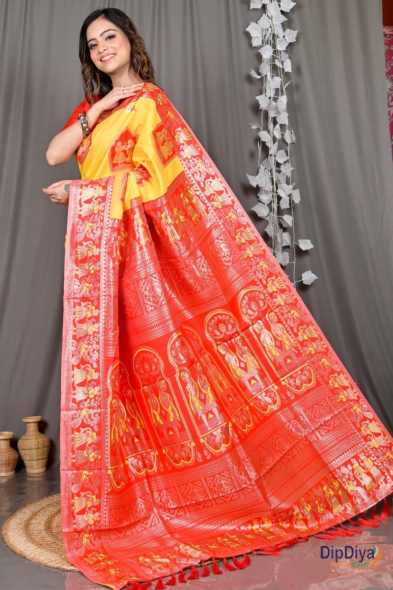Yellow Red Cotton Silk Parza Baluchari Saree (582)