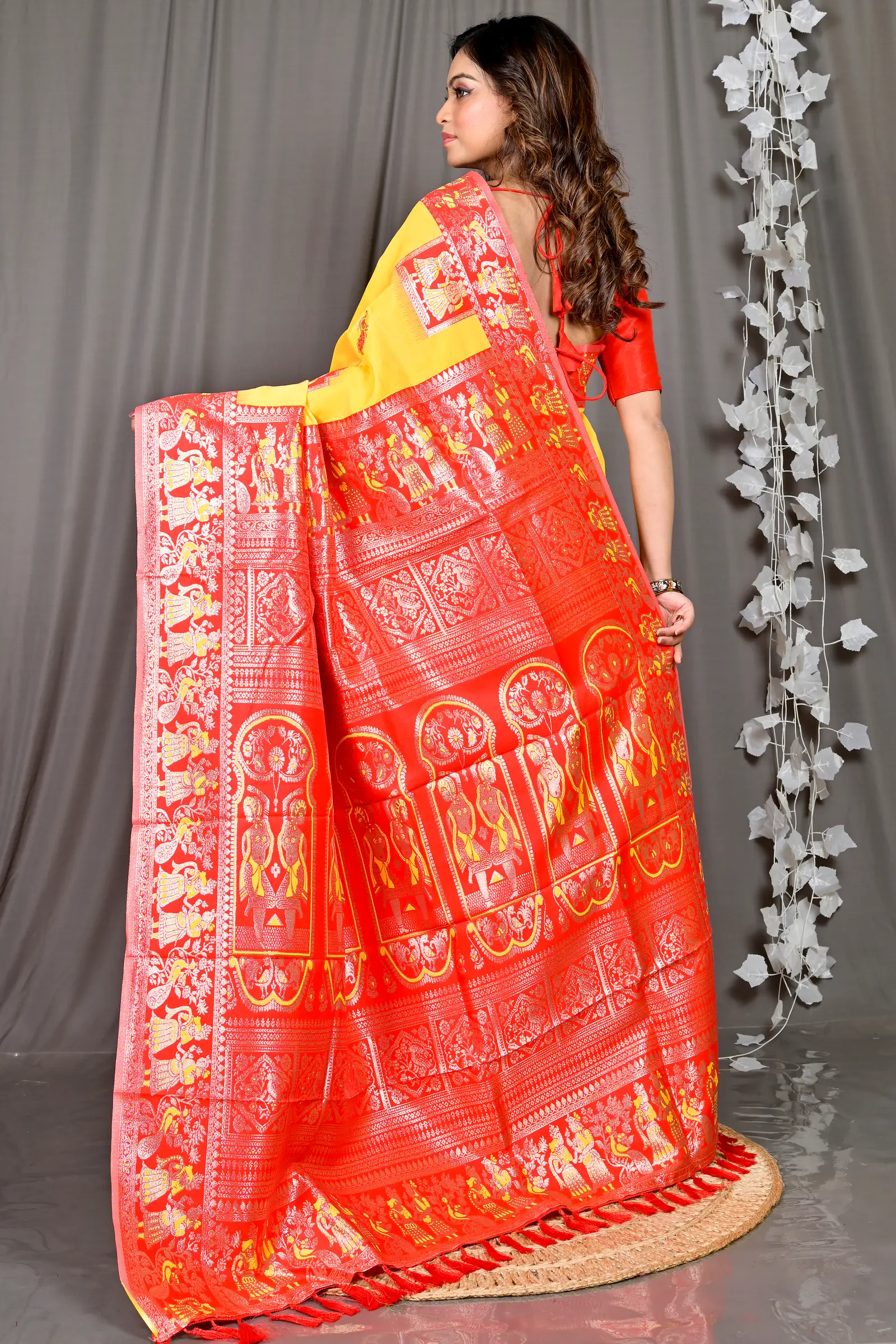 Yellow Red Cotton Silk Parza Baluchari Saree (582)