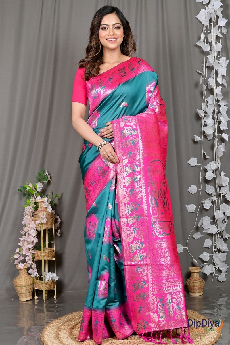 Green Pink Cotton Silk Parza Baluchari Saree (583)
