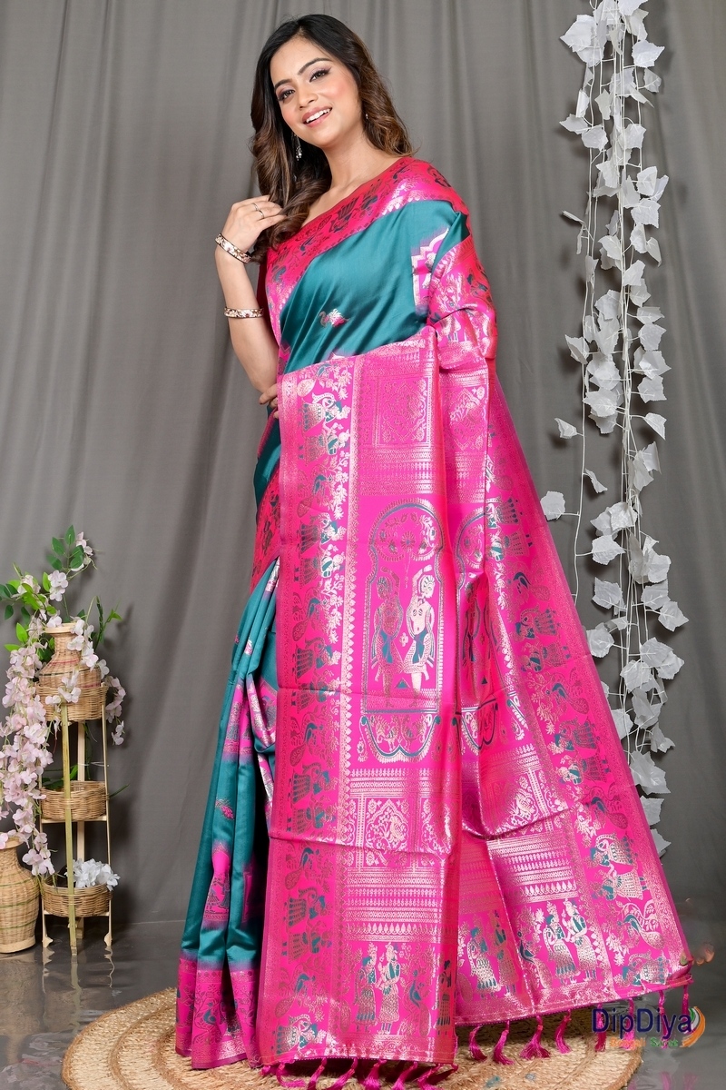 Green Pink Cotton Silk Parza Baluchari Saree (583)