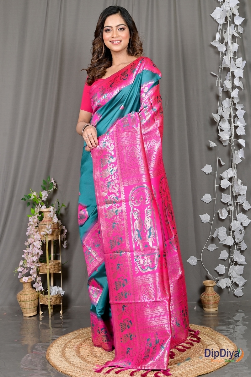 Green Pink Cotton Silk Parza Baluchari Saree (583)