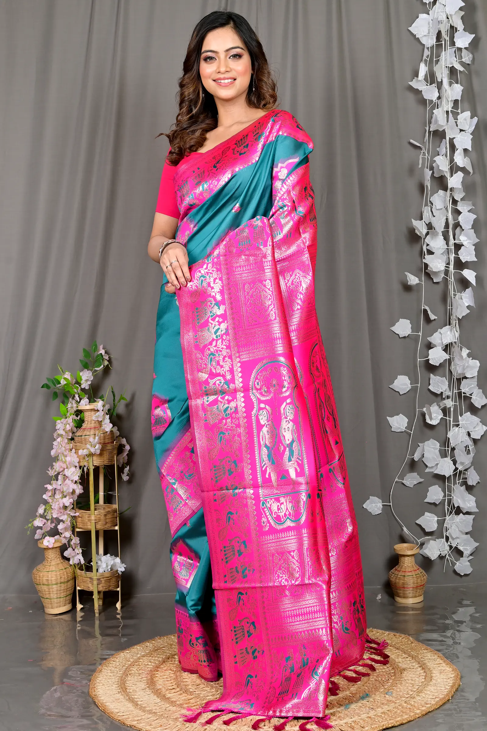 Green Pink Cotton Silk Parza Baluchari Saree (583)